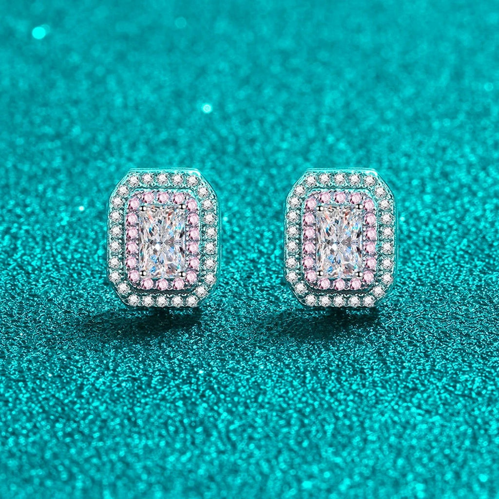 Emerald and Radiant Cut Moissanite Halo Stud Earrings with Pink CZ in Rhodium-Plated S925 sterling silver product scene view showing side profile