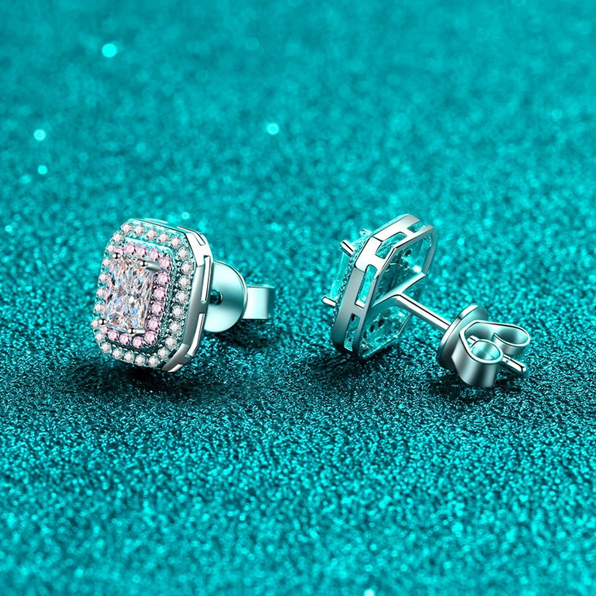 Emerald and Radiant Cut Moissanite Halo Stud Earrings with Pink CZ in Rhodium-Plated S925 sterling silver product scene view showing pair comparison