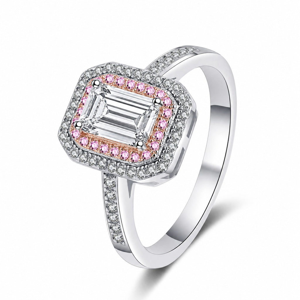 Emerald and Radiant Cut Moissanite Ring with Pink CZ in Rhodium-Plated S925 Sterling Silver white background detail photo showing the stone setting and polished ring design