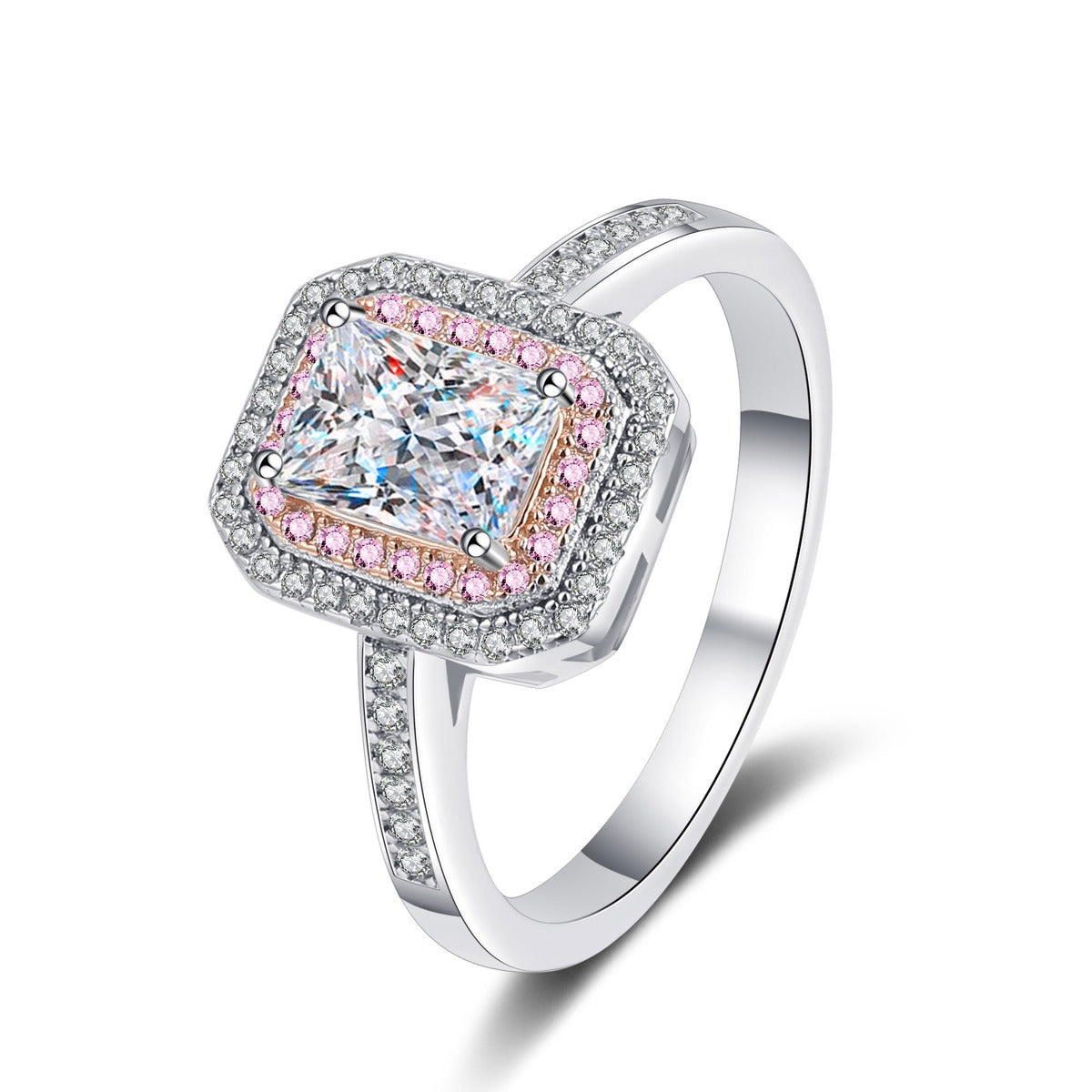 Emerald and Radiant Cut Moissanite Ring with Pink CZ in Rhodium-Plated S925 Sterling Silver clean white background product photo showing the ring silhouette and moissanite setting
