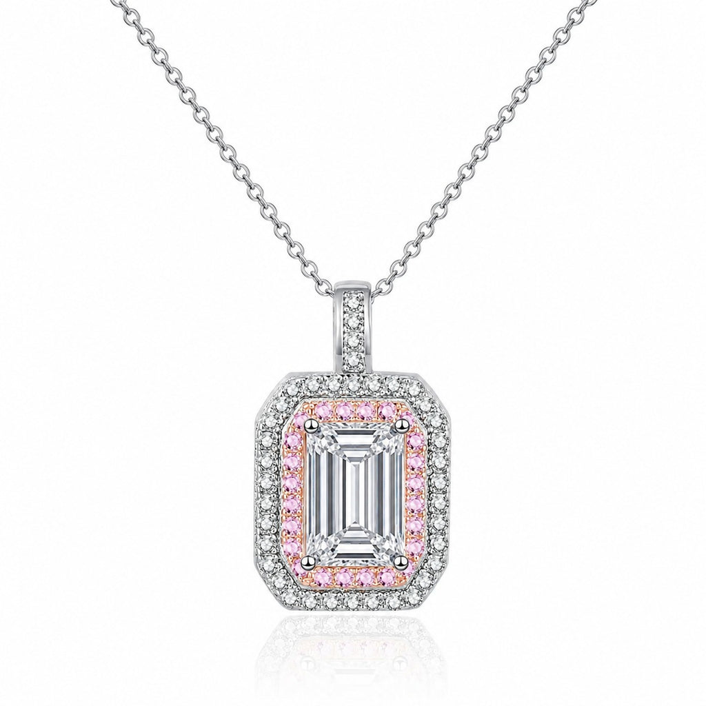 Pink CZ Radiant Cut Moissanite Pendant Necklace in Rhodium-Plated S925 sterling silver white background product photo showing radiant-cut moissanite pendant with pink CZ accent detail