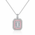 Pink CZ Radiant Cut Moissanite Pendant Necklace in Rhodium-Plated S925 sterling silver white background product photo showing radiant-cut moissanite pendant with pink CZ accent detail