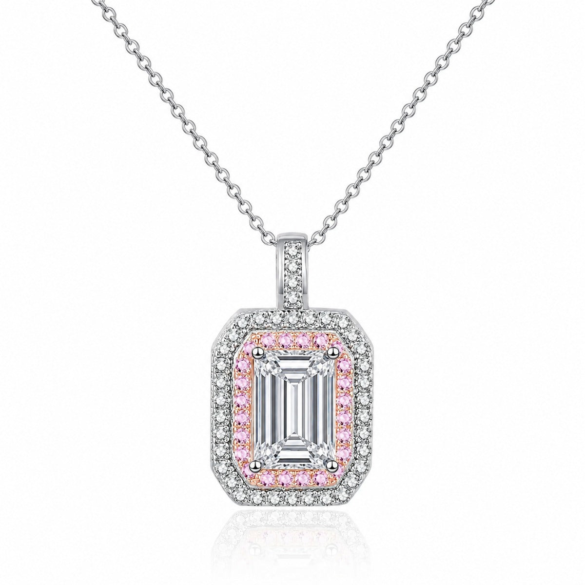 Pink CZ Radiant Cut Moissanite Pendant Necklace in Rhodium-Plated S925 sterling silver white background product photo showing radiant-cut moissanite pendant with pink CZ accent detail