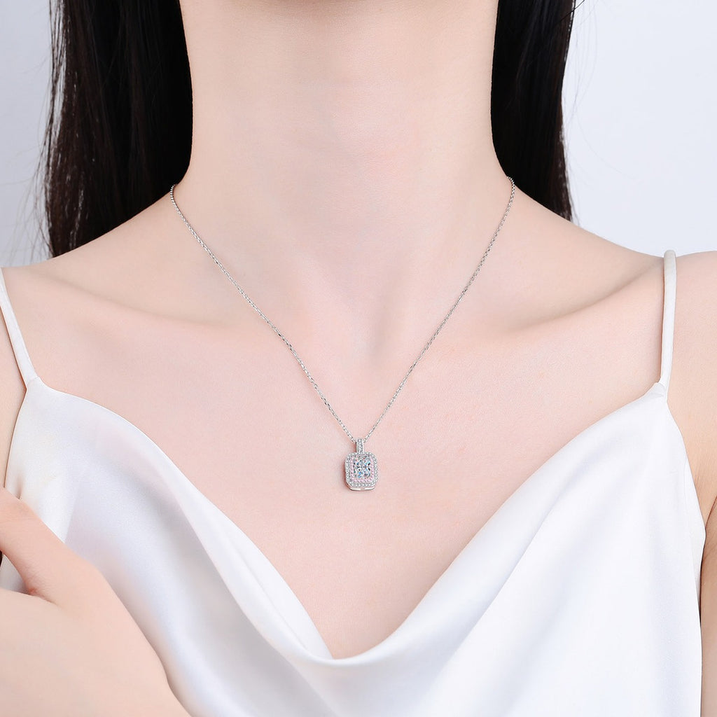 Pink CZ Radiant Cut Moissanite Pendant Necklace in Rhodium-Plated S925 sterling silver neckline model view showing pendant scale and adjustable chain
