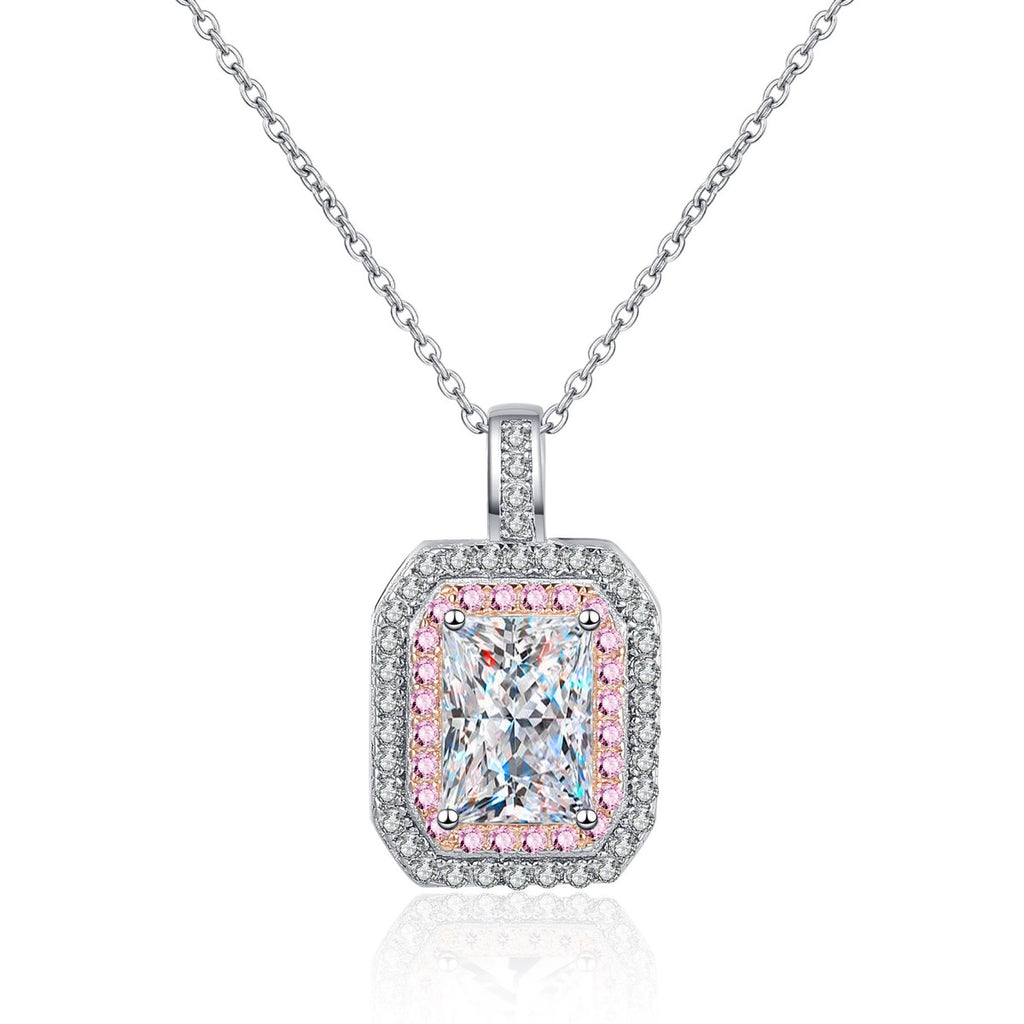 Pink CZ Radiant Cut Moissanite Pendant Necklace in Rhodium-Plated S925 sterling silver close-up product scene showing pendant setting