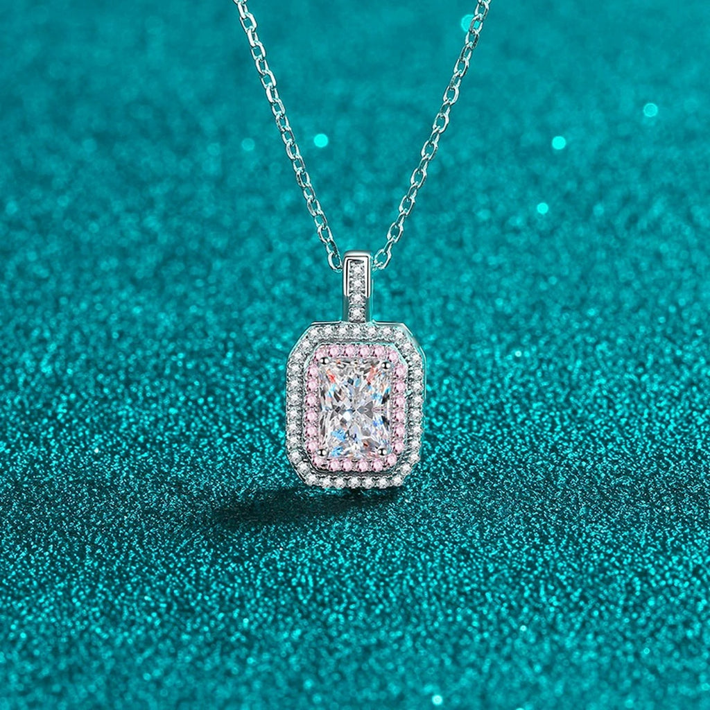Pink CZ Radiant Cut Moissanite Pendant Necklace in Rhodium-Plated S925 sterling silver blue display scene showing chain and stone layout