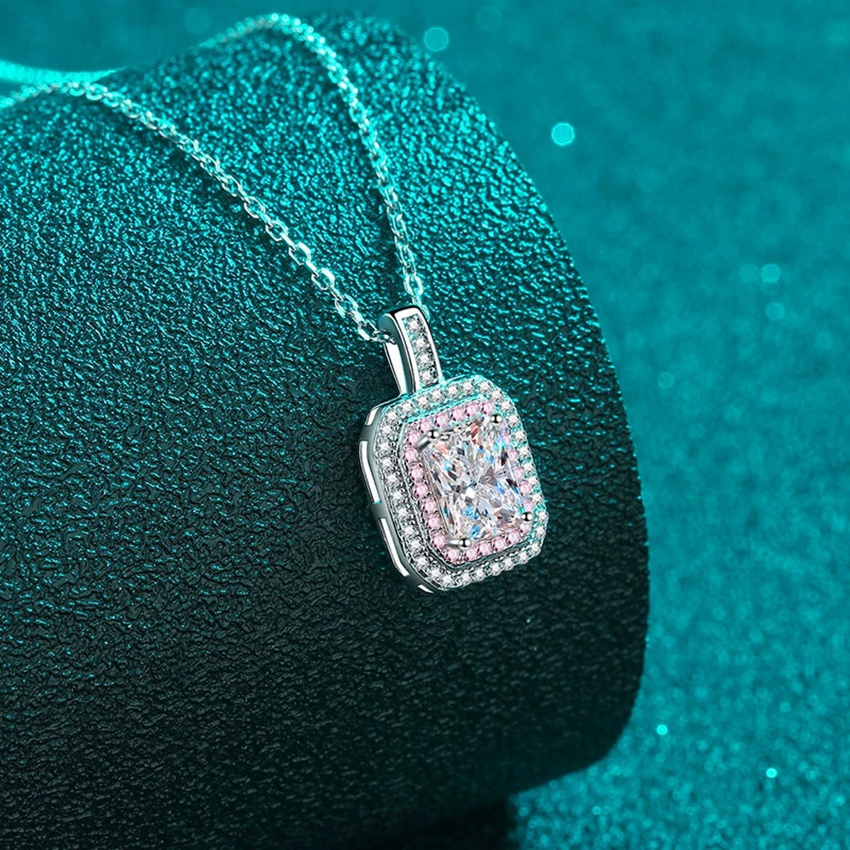 Pink CZ Radiant Cut Moissanite Pendant Necklace in Rhodium-Plated S925 sterling silver angled product detail view