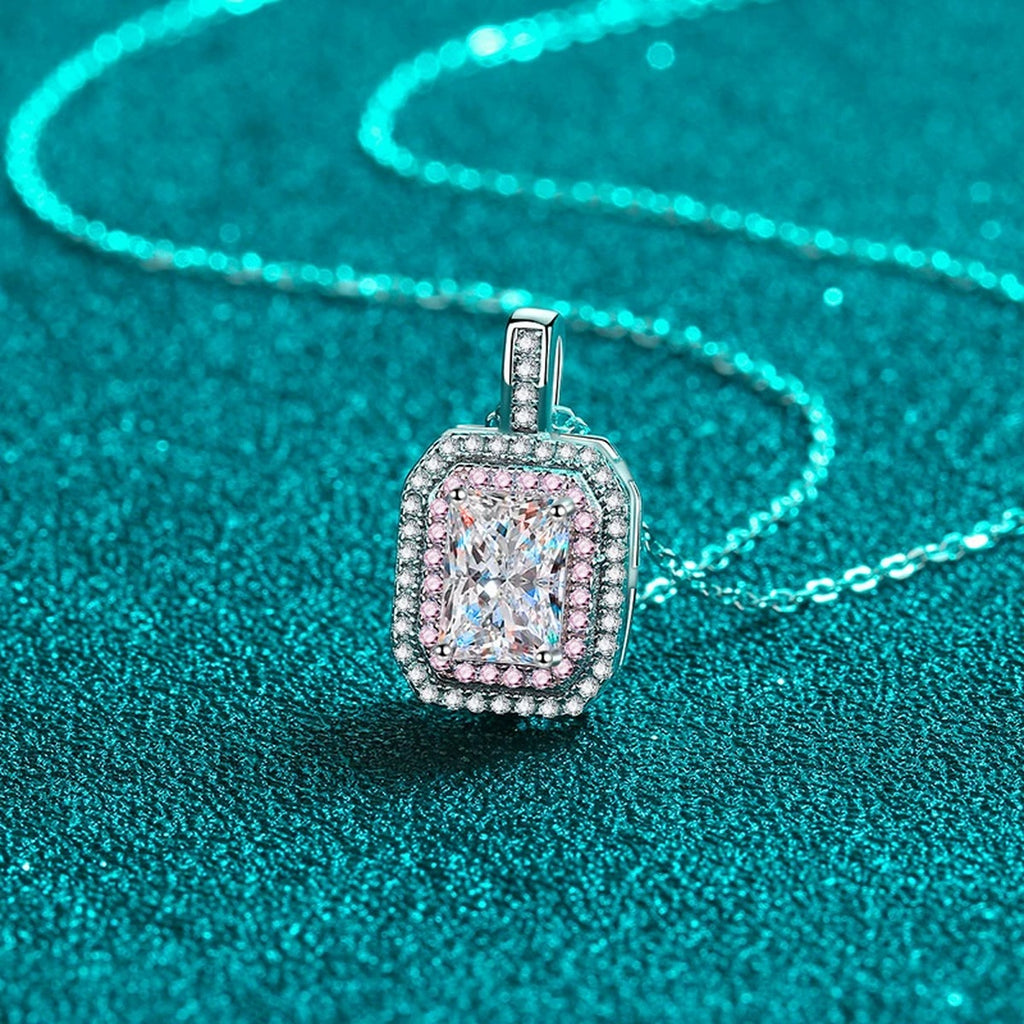 Pink CZ Radiant Cut Moissanite Pendant Necklace in Rhodium-Plated S925 sterling silver additional product styling view