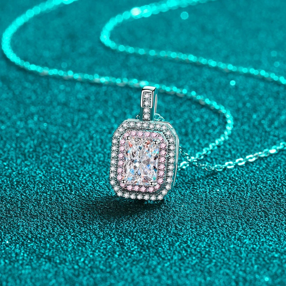 Pink CZ Radiant Cut Moissanite Pendant Necklace in Rhodium-Plated S925 sterling silver additional product styling view