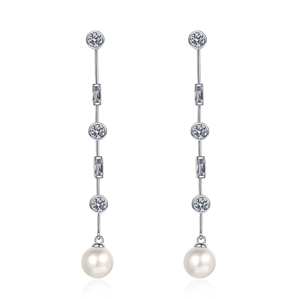 Pearl and Moissanite Stud Dangle Earrings in Rhodium-Plated S925 sterling silver white background product photo showing the pair, stone shape, and stud dangle earrings silhouette
