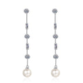 Pearl and Moissanite Stud Dangle Earrings in Rhodium-Plated S925 sterling silver white background product photo showing the pair, stone shape, and stud dangle earrings silhouette