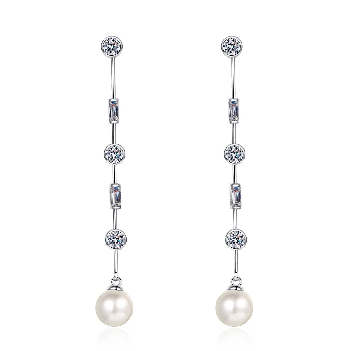 Pearl and Moissanite Stud Dangle Earrings in Rhodium-Plated S925 sterling silver white background product photo showing the pair, stone shape, and stud dangle earrings silhouette