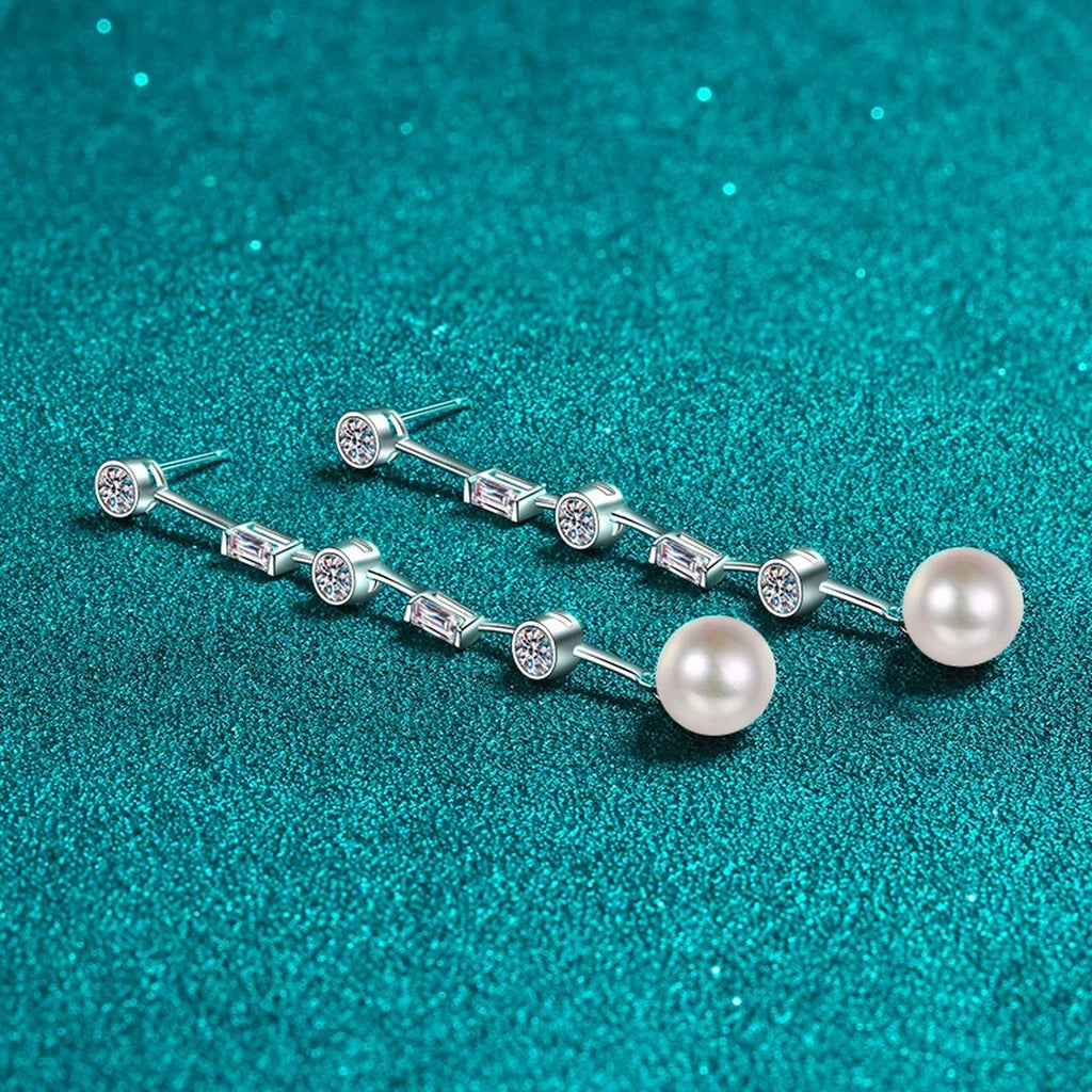 Pearl and Moissanite Stud Dangle Earrings in Rhodium-Plated S925 sterling silver product scene view showing front sparkle