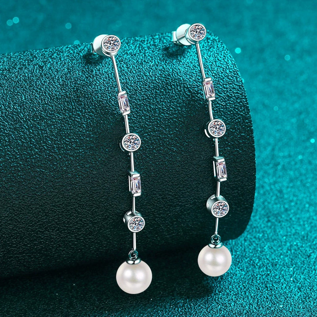 Pearl and Moissanite Stud Dangle Earrings in Rhodium-Plated S925 sterling silver product scene view showing angled setting detail