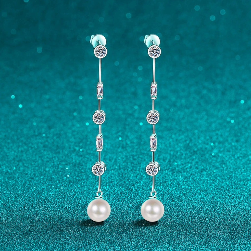 Pearl and Moissanite Stud Dangle Earrings in Rhodium-Plated S925 sterling silver product scene view showing side profile