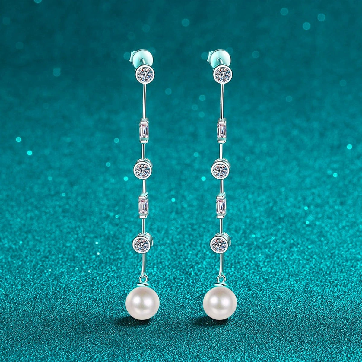 Pearl and Moissanite Stud Dangle Earrings in Rhodium-Plated S925 sterling silver product scene view showing side profile