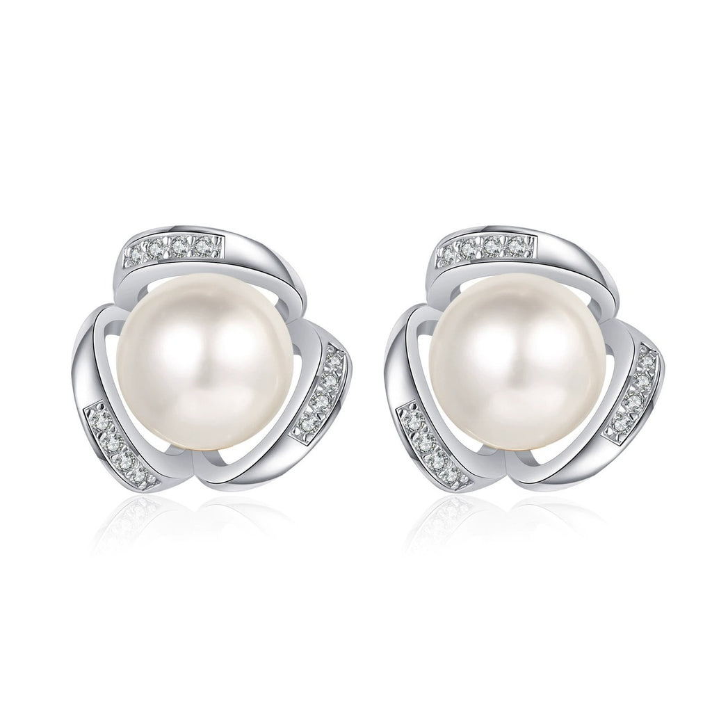Twist Pearl and Moissanite Stud Earrings in Rhodium-Plated S925 sterling silver white background product photo showing the pair, stone shape, and stud earrings silhouette