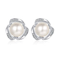 Twist Pearl and Moissanite Stud Earrings in Rhodium-Plated S925 sterling silver white background product photo showing the pair, stone shape, and stud earrings silhouette