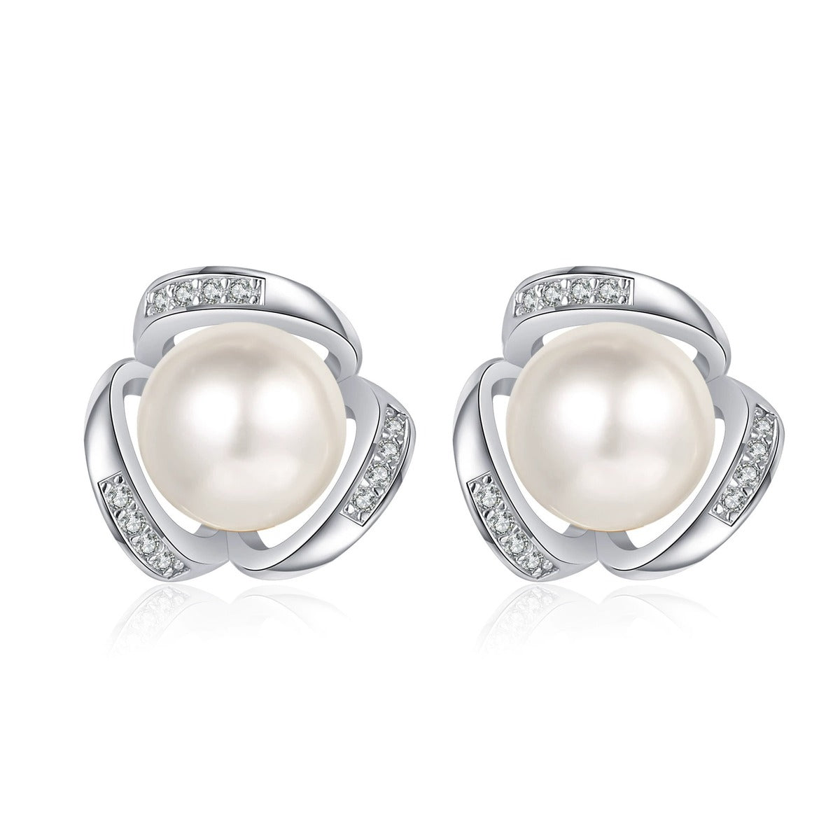 Twist Pearl and Moissanite Stud Earrings in Rhodium-Plated S925 sterling silver white background product photo showing the pair, stone shape, and stud earrings silhouette