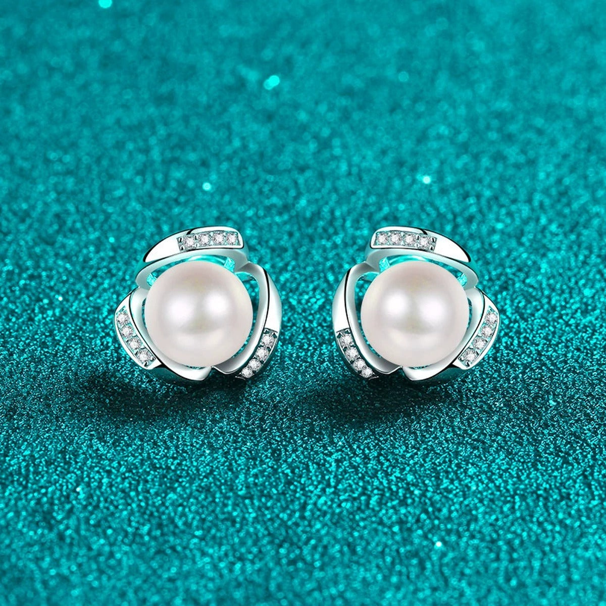 Twist Pearl and Moissanite Stud Earrings in Rhodium-Plated S925 sterling silver product scene view showing front sparkle