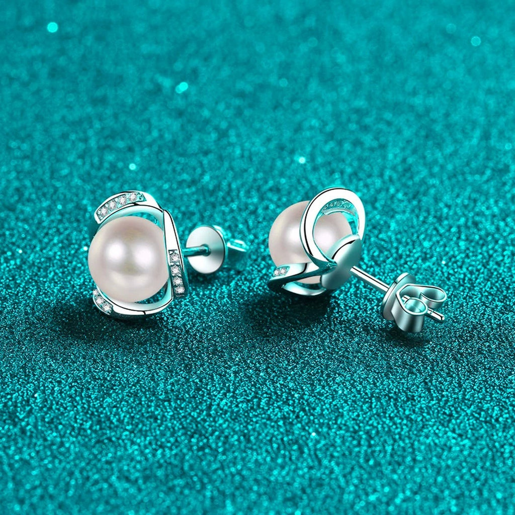 Twist Pearl and Moissanite Stud Earrings in Rhodium-Plated S925 sterling silver product scene view showing side profile