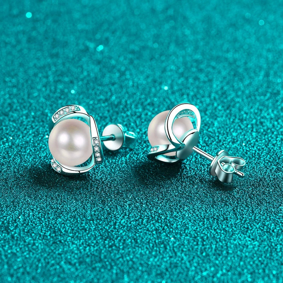 Twist Pearl and Moissanite Stud Earrings in Rhodium-Plated S925 sterling silver product scene view showing side profile