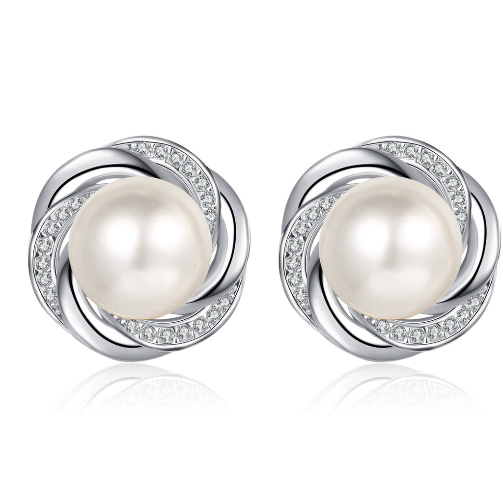 Interlaced Pearl and Moissanite Stud Earrings in Rhodium-Plated S925 sterling silver white background product photo showing the pair, stone shape, and stud earrings silhouette