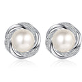 Interlaced Pearl and Moissanite Stud Earrings in Rhodium-Plated S925 sterling silver white background product photo showing the pair, stone shape, and stud earrings silhouette