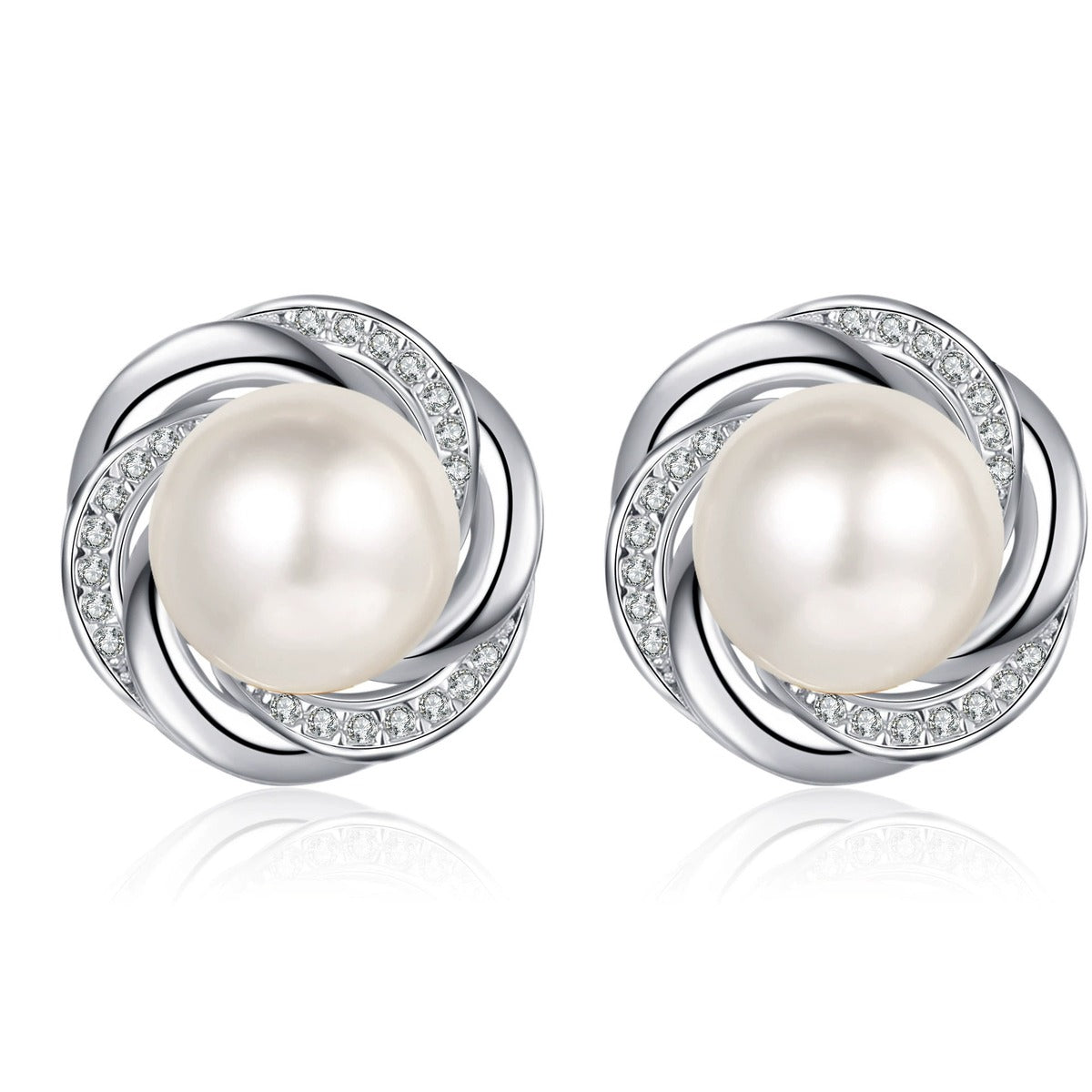 Interlaced Pearl and Moissanite Stud Earrings in Rhodium-Plated S925 sterling silver white background product photo showing the pair, stone shape, and stud earrings silhouette