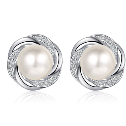Interlaced Pearl and Moissanite Stud Earrings in Rhodium-Plated S925 sterling silver white background product photo showing the pair, stone shape, and stud earrings silhouette