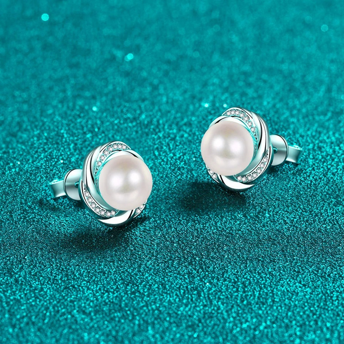 Interlaced Pearl and Moissanite Stud Earrings in Rhodium-Plated S925 sterling silver product scene view showing front sparkle