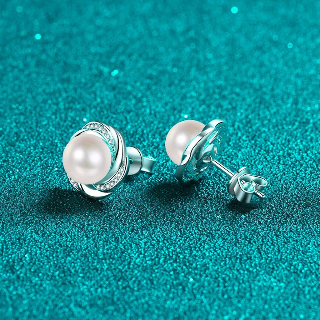 Interlaced Pearl and Moissanite Stud Earrings in Rhodium-Plated S925 sterling silver product scene view showing angled setting detail