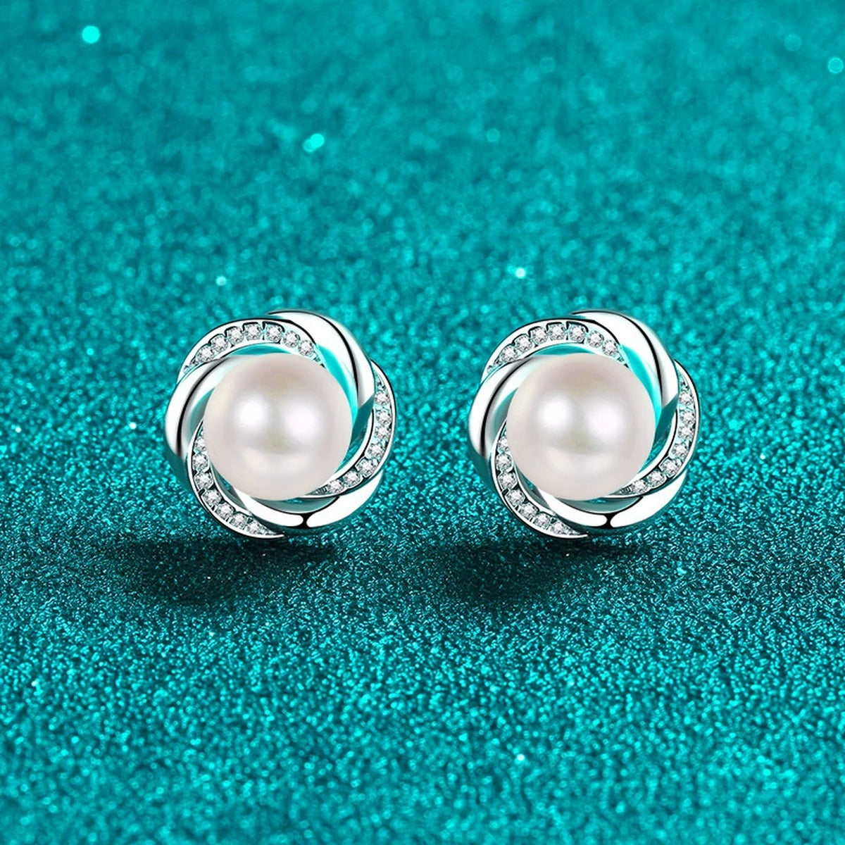 Interlaced Pearl and Moissanite Stud Earrings in Rhodium-Plated S925 sterling silver product scene view showing side profile
