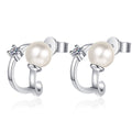 Pearl and Moissanite Stud Ear Cuff Earrings in Rhodium-Plated S925 sterling silver white background product photo showing the pair, stone shape, and ear cuff stud earrings silhouette