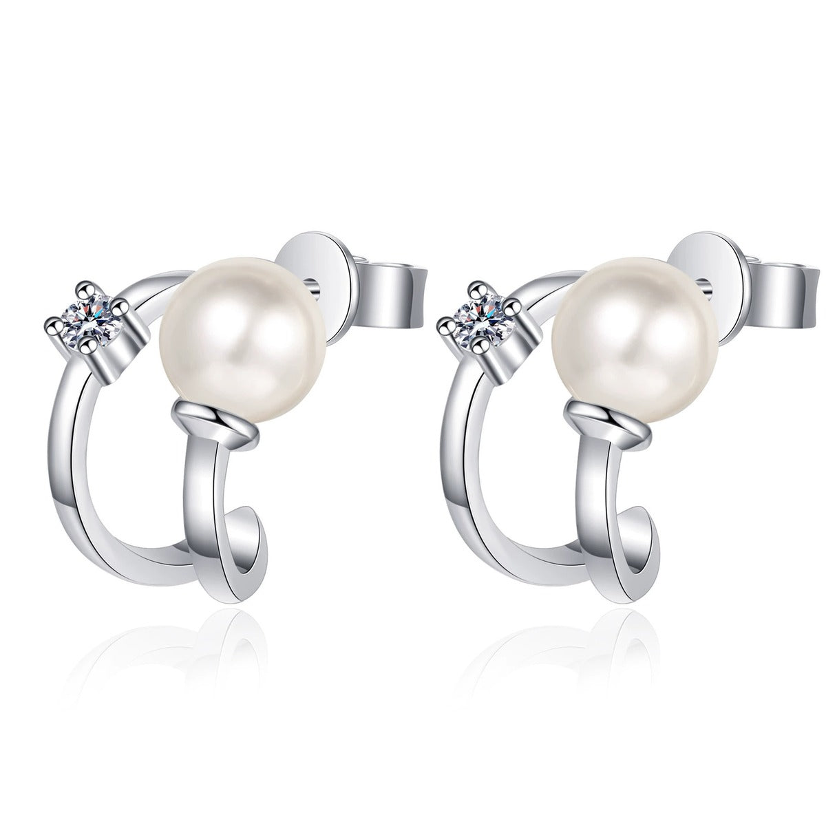 Pearl and Moissanite Stud Ear Cuff Earrings in Rhodium-Plated S925 sterling silver white background product photo showing the pair, stone shape, and ear cuff stud earrings silhouette