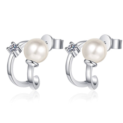Pearl and Moissanite Stud Ear Cuff Earrings in Rhodium-Plated S925 sterling silver white background product photo showing the pair, stone shape, and ear cuff stud earrings silhouette