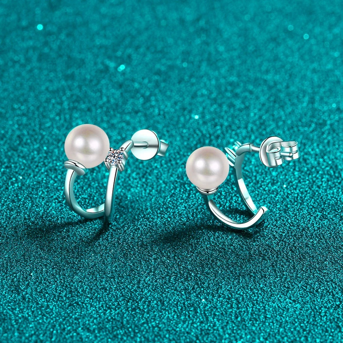 Pearl and Moissanite Stud Ear Cuff Earrings in Rhodium-Plated S925 sterling silver product scene view showing front sparkle