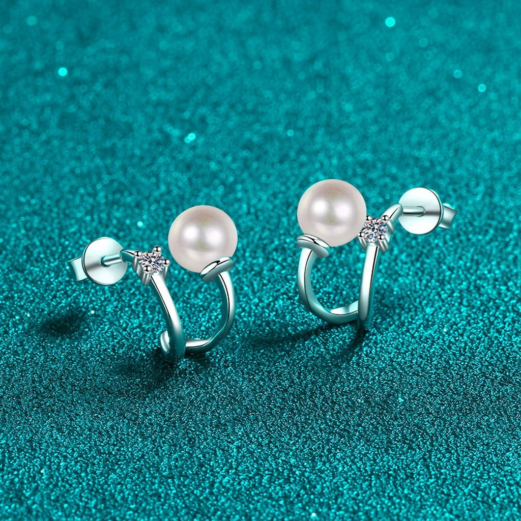 Pearl and Moissanite Stud Ear Cuff Earrings in Rhodium-Plated S925 sterling silver product scene view showing side profile