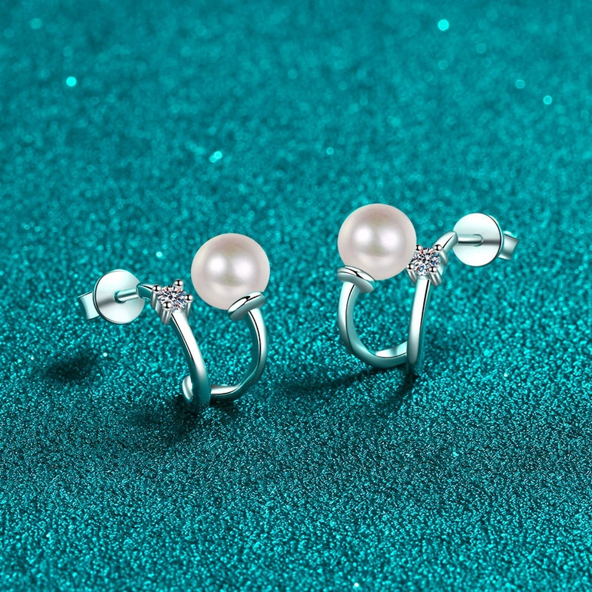 Pearl and Moissanite Stud Ear Cuff Earrings in Rhodium-Plated S925 sterling silver product scene view showing side profile