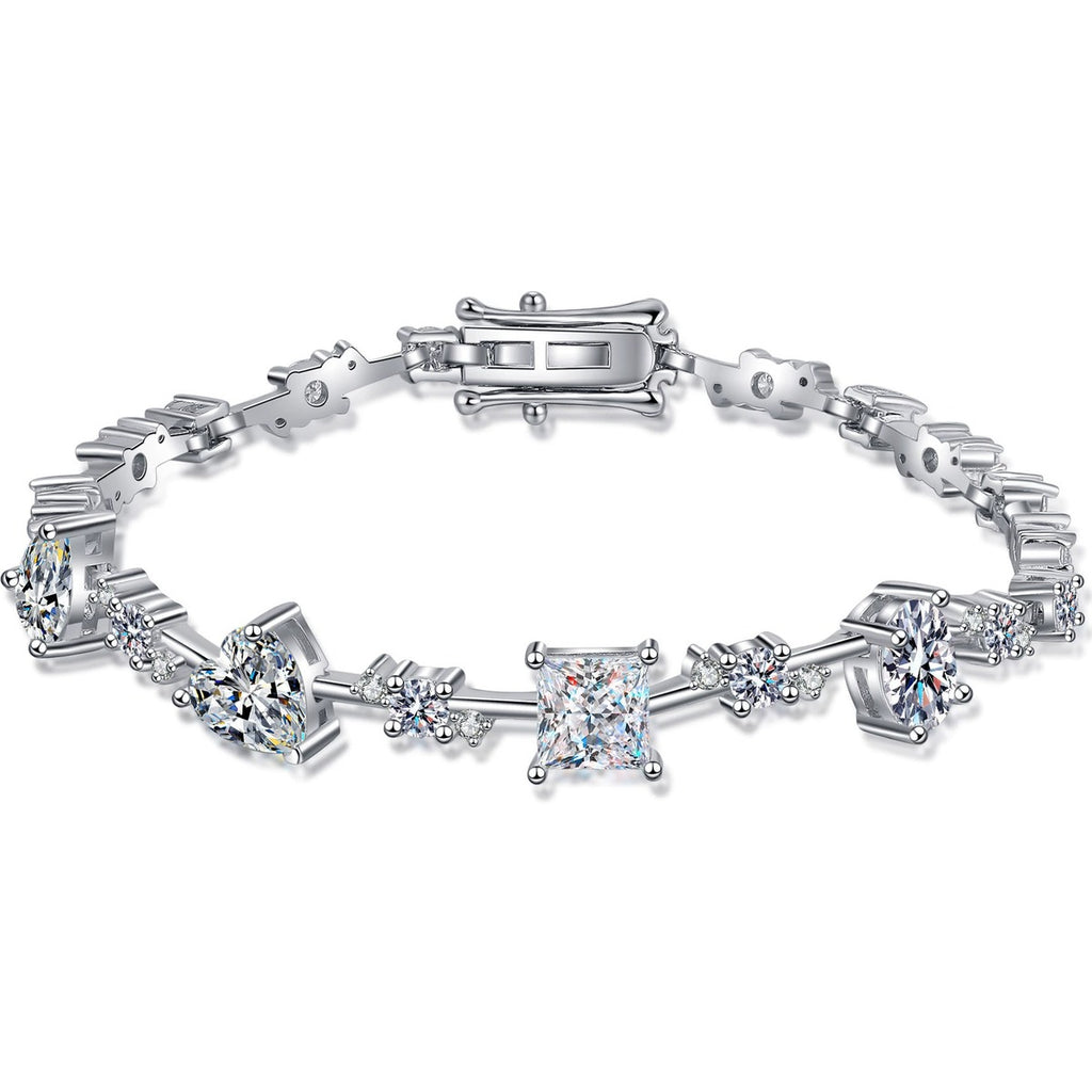 Mixed Cut Moissanite Tennis Bracelet in Rhodium-Plated S925 sterling silver white background product photo showing bracelet shape and moissanite setting