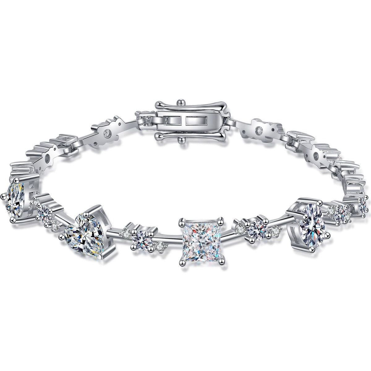 Mixed Cut Moissanite Tennis Bracelet in Rhodium-Plated S925 sterling silver white background product photo showing bracelet shape and moissanite setting