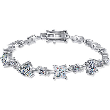 Mixed Cut Moissanite Tennis Bracelet in Rhodium-Plated S925 sterling silver white background product photo showing bracelet shape and moissanite setting