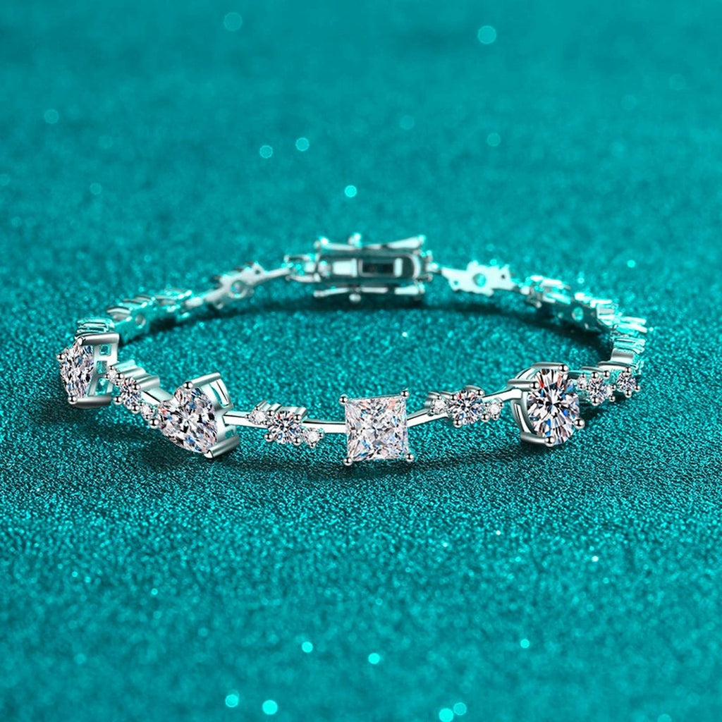 Mixed Cut Moissanite Tennis Bracelet in Rhodium-Plated S925 sterling silver styled product scene showing stone sparkle and chain detail
