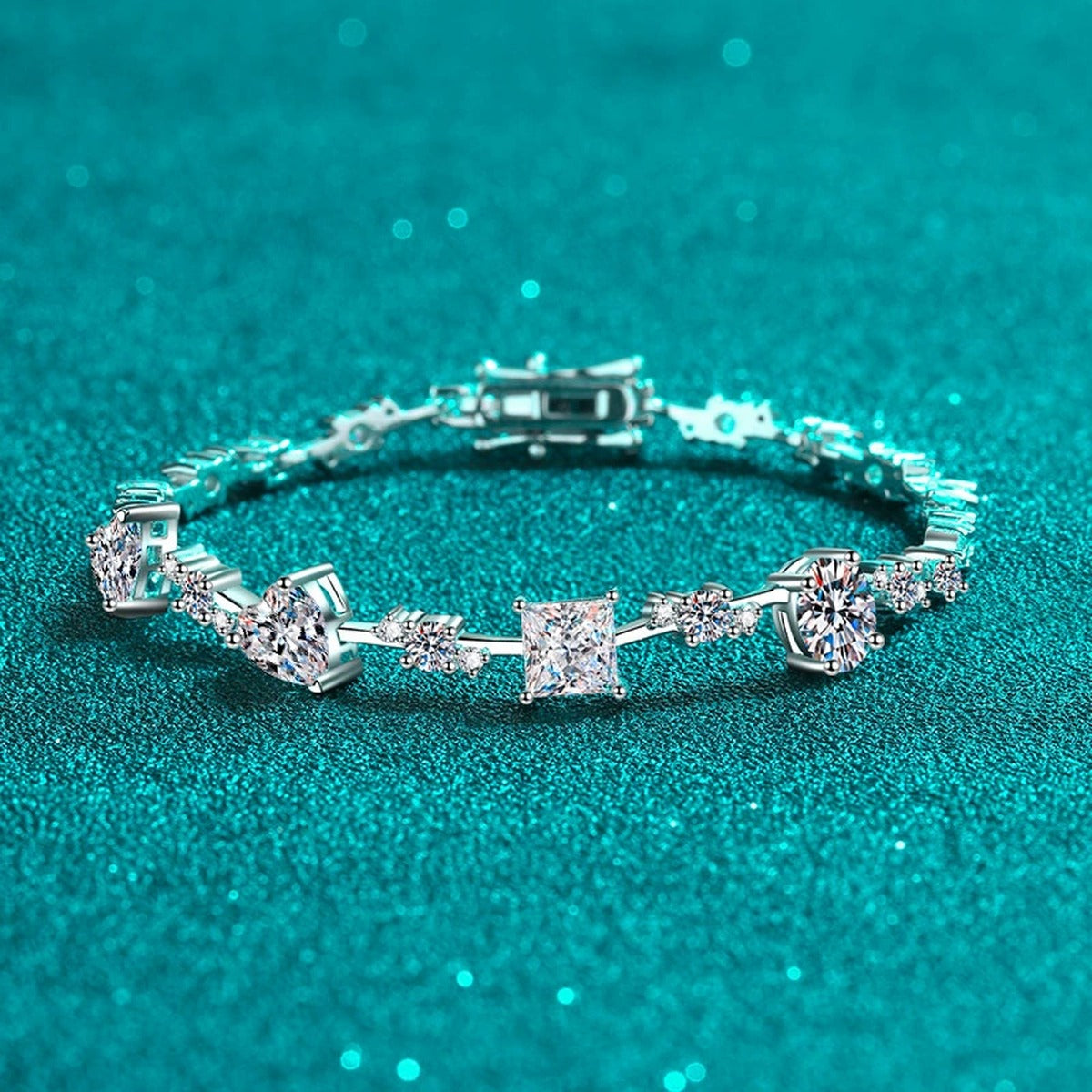 Mixed Cut Moissanite Tennis Bracelet in Rhodium-Plated S925 sterling silver styled product scene showing stone sparkle and chain detail