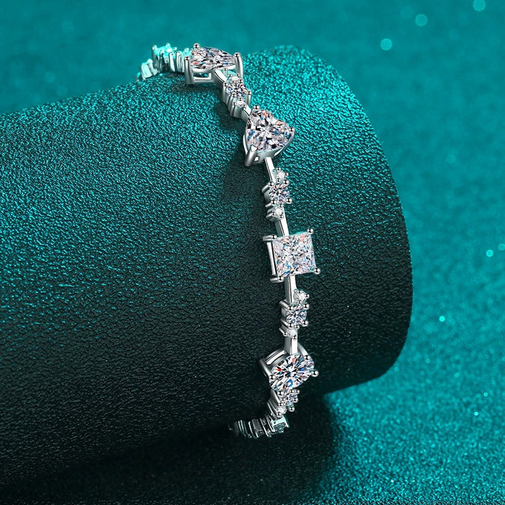 Mixed Cut Moissanite Tennis Bracelet in Rhodium-Plated S925 sterling silver close-up bracelet detail view showing clasp and motif