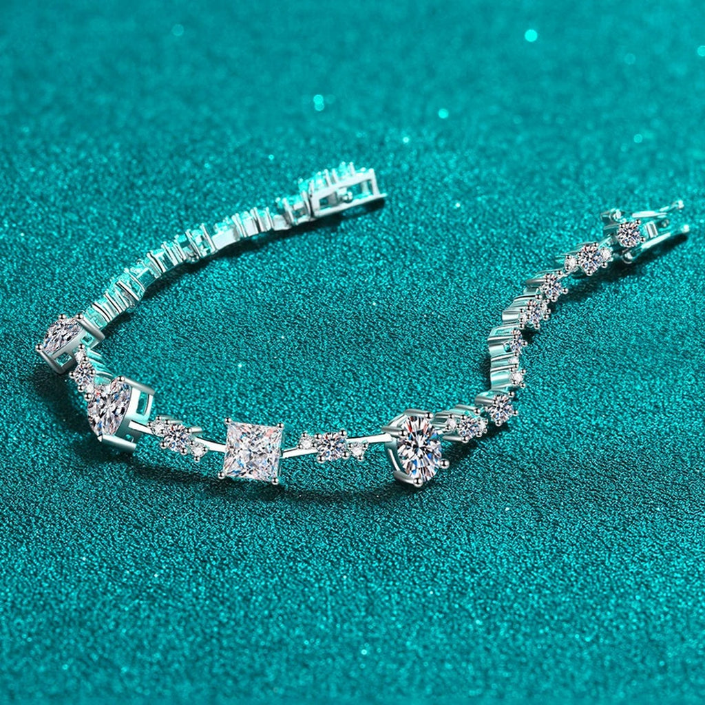 Mixed Cut Moissanite Tennis Bracelet in Rhodium-Plated S925 sterling silver angled product display showing bracelet silhouette