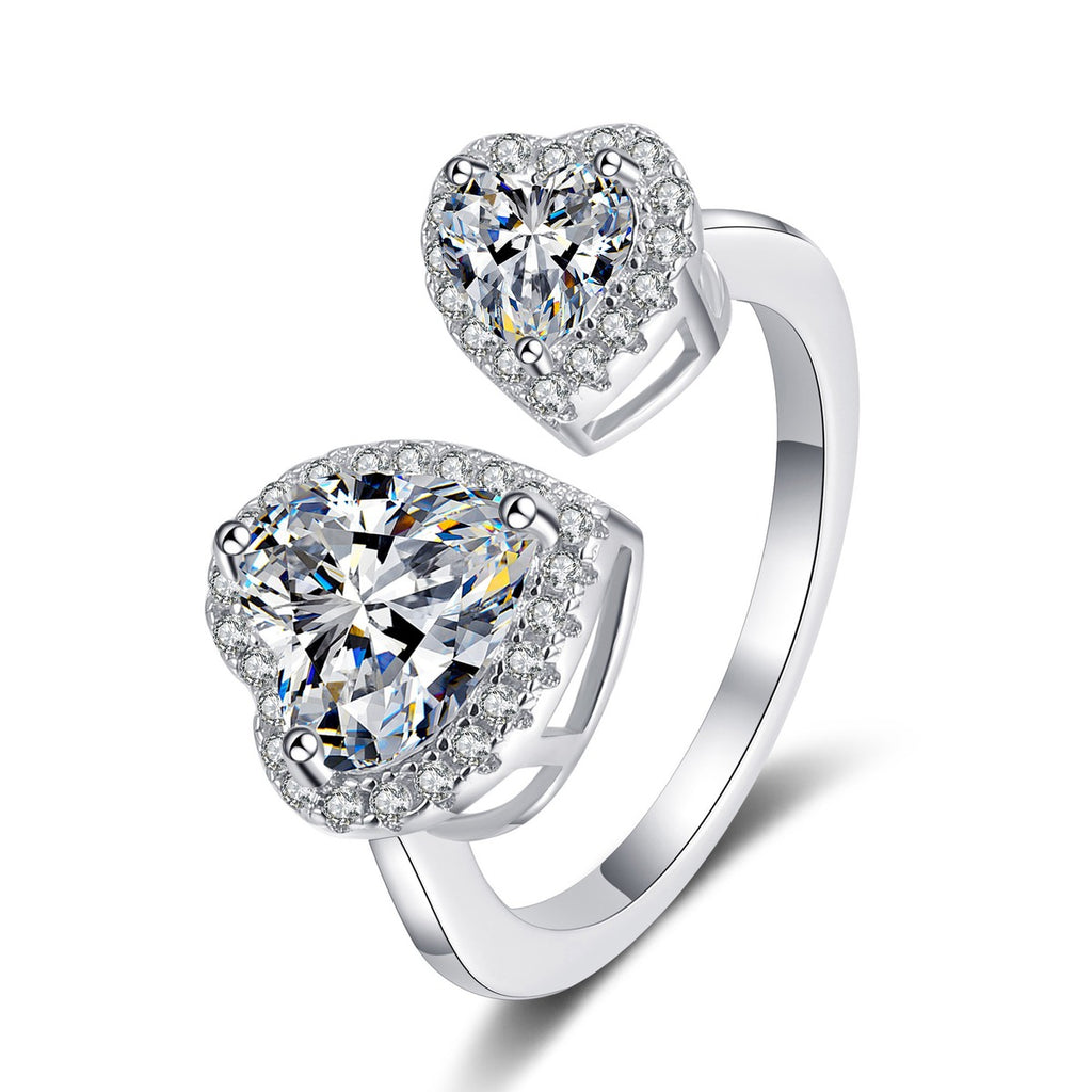 Double Heart Moissanite Adjustable Ring in rhodium-plated S925 sterling silver on clean white background