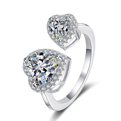 Double Heart Moissanite Adjustable Ring in rhodium-plated S925 sterling silver on clean white background