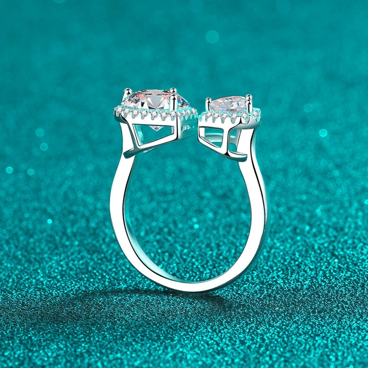 Double Heart Moissanite Adjustable Ring product view showing moissanite setting and metal finish
