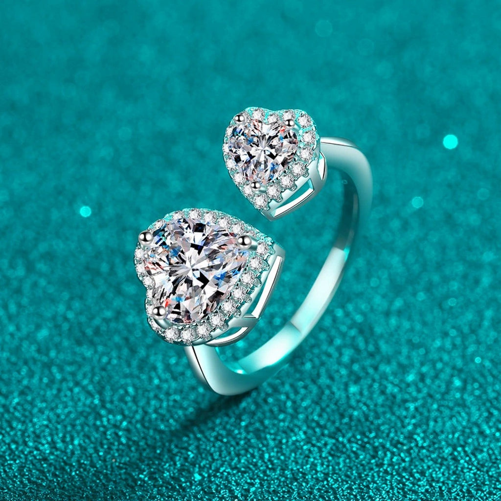 Double Heart Moissanite Adjustable Ring product view showing moissanite setting and metal finish